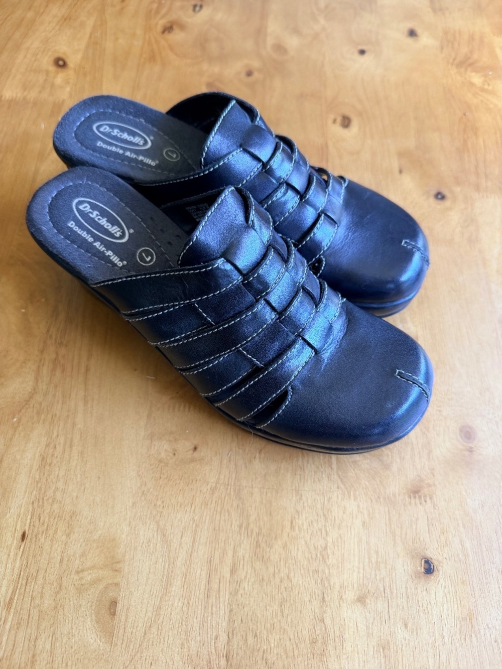 Dr. Scholls Black Leather Woven Strap Clogs Double Air-Pillo Mules Womens 7